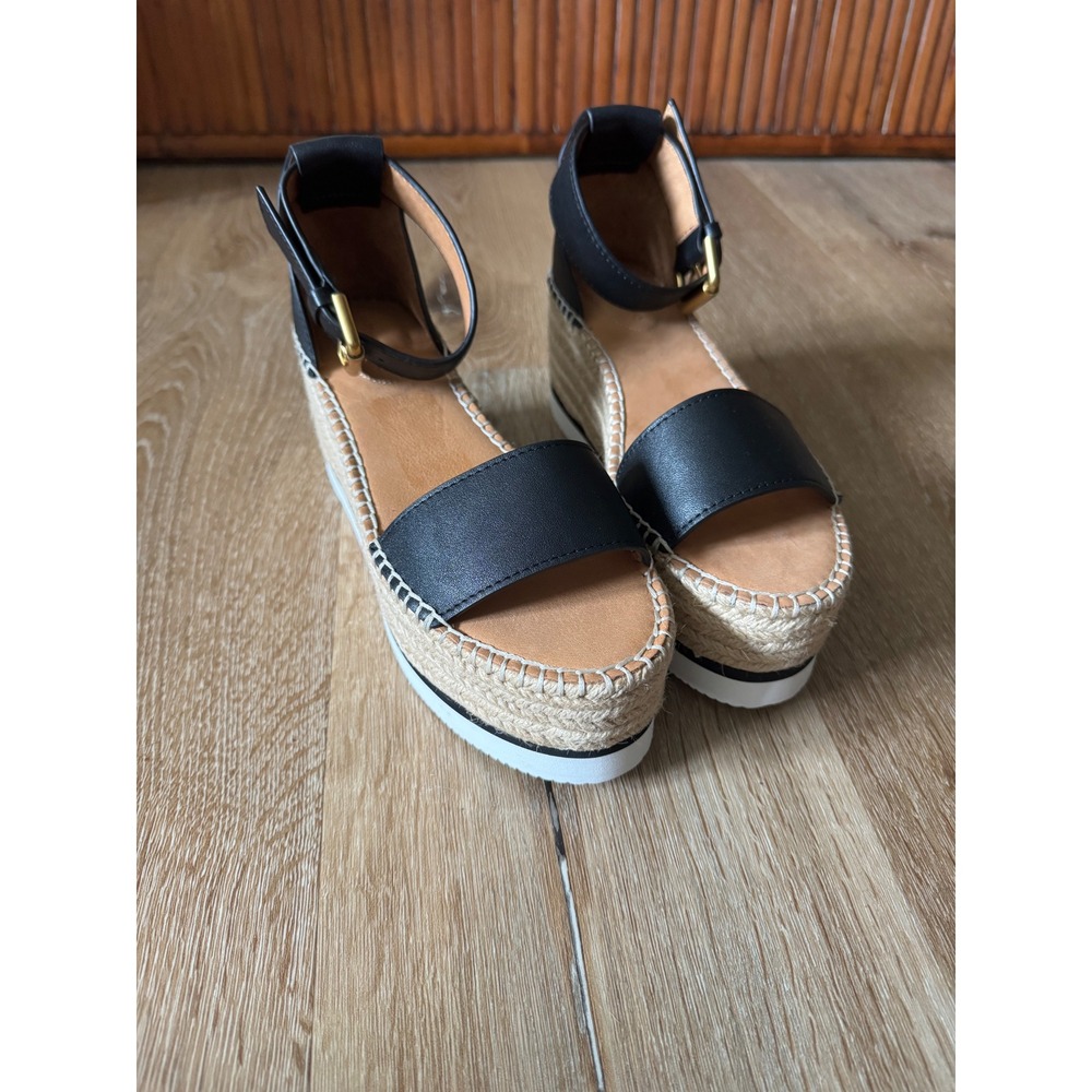 See By Chloe NWOT Glyn Black Leather‎ Platform Espadrilles Wedge Sandals Size 36